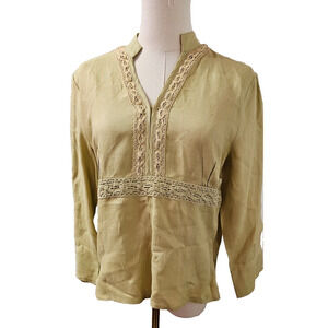 ECOLOGIE‎ Womens Medium Sage Green 100% Linen Long Sleeve Peplum Top Blouse